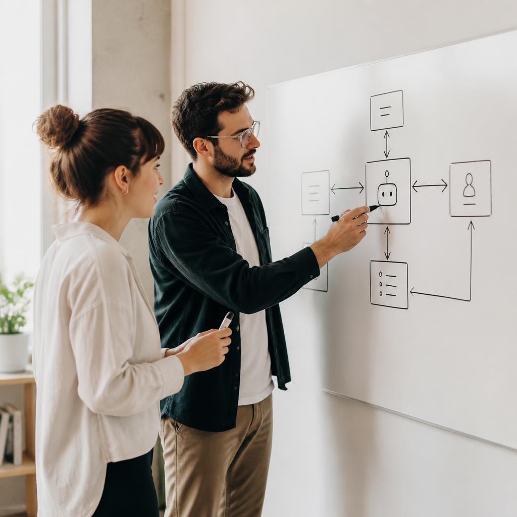 The generated square post visual: two colleagues sketching an AI agent workflow on a whiteboard