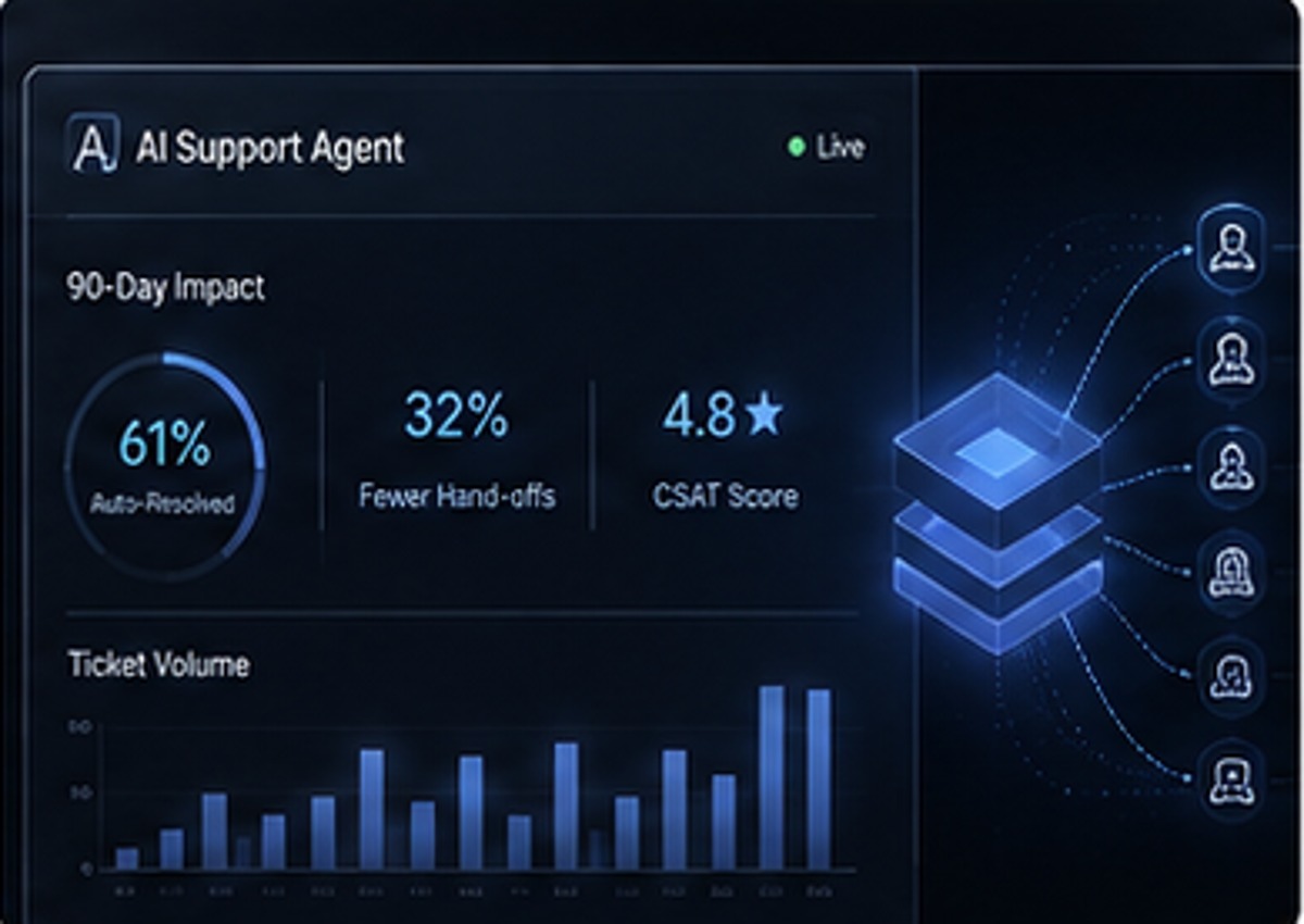 A founder on a focused call beside a support queue dashboard