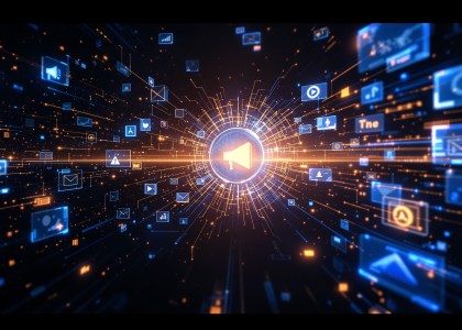 AI marketplace core with holographic marketing icons connected by light streams in futuristic environment.