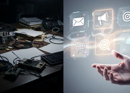 Split image showing chaotic manual marketing tools versus organized AI marketplace with connected modules and automation.