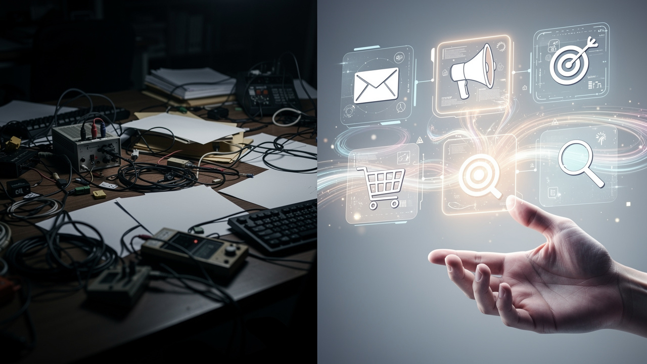 Split image showing chaotic manual marketing tools versus organized AI marketplace with connected modules and automation.