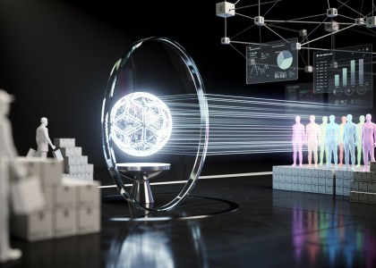AI core with light trails through glass lens showing shopper silhouettes and product boxes.