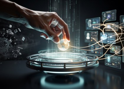 Human hand drops glowing orb into holographic AI hub with organized luminous modules.