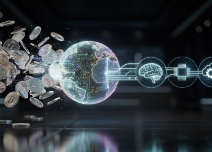 AI marketplace hub routing coins to brain, database, chip, and gear icons