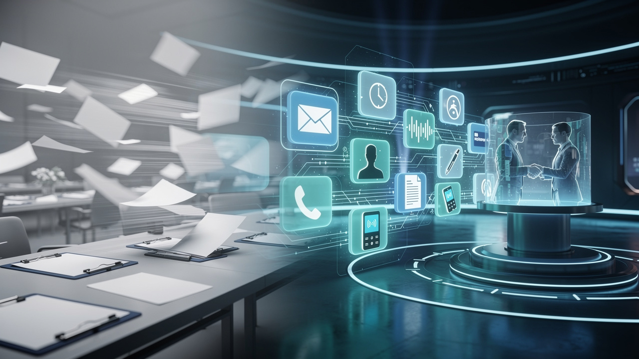 Split scene: left shows blank papers, right shows AI marketplace routing glowing orbs through connected modules.