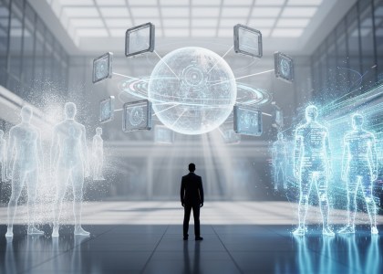 Human silhouette facing holographic orb in futuristic atrium with disintegrating and assembling job roles.