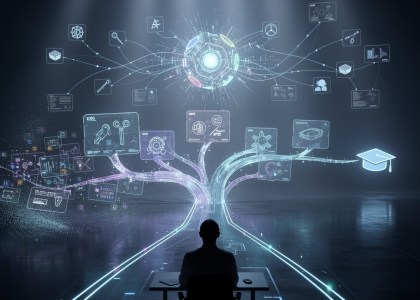 Learner facing holographic lesson modules with AI hub, tools constellation, and graduation cap endpoint.