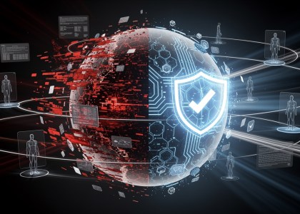 Split AI sphere with left side showing red glitching data, right side showing blue pathways to shield symbol.