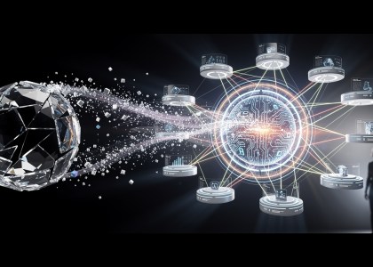 Shattered crystal ball dissolving into data particles, transforming into glowing AI core with probability pathways, human silhouette observing.