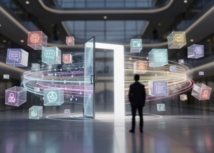 Human silhouette facing floating AI modules connected by light trails in futuristic atrium gateway.