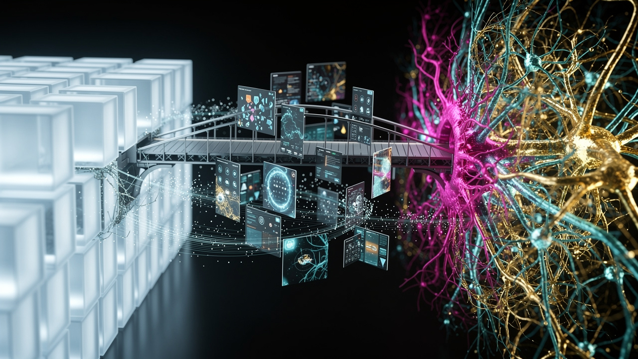 Glowing cubes on left, neural lattice on right, connected by bridge with orbiting tiles.