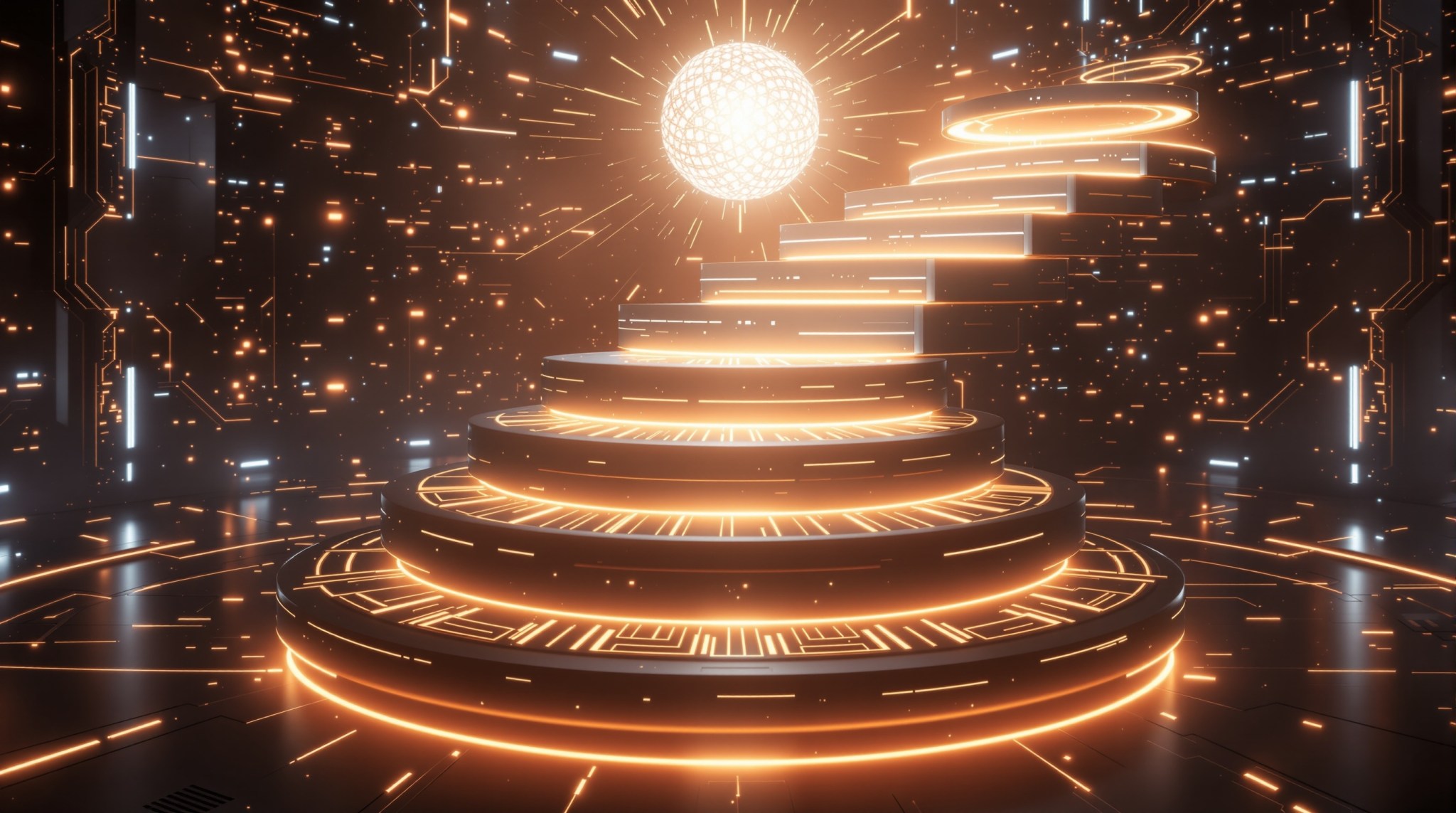 Seven ascending luminous platforms evolving from grid to orb in holographic AI marketplace.